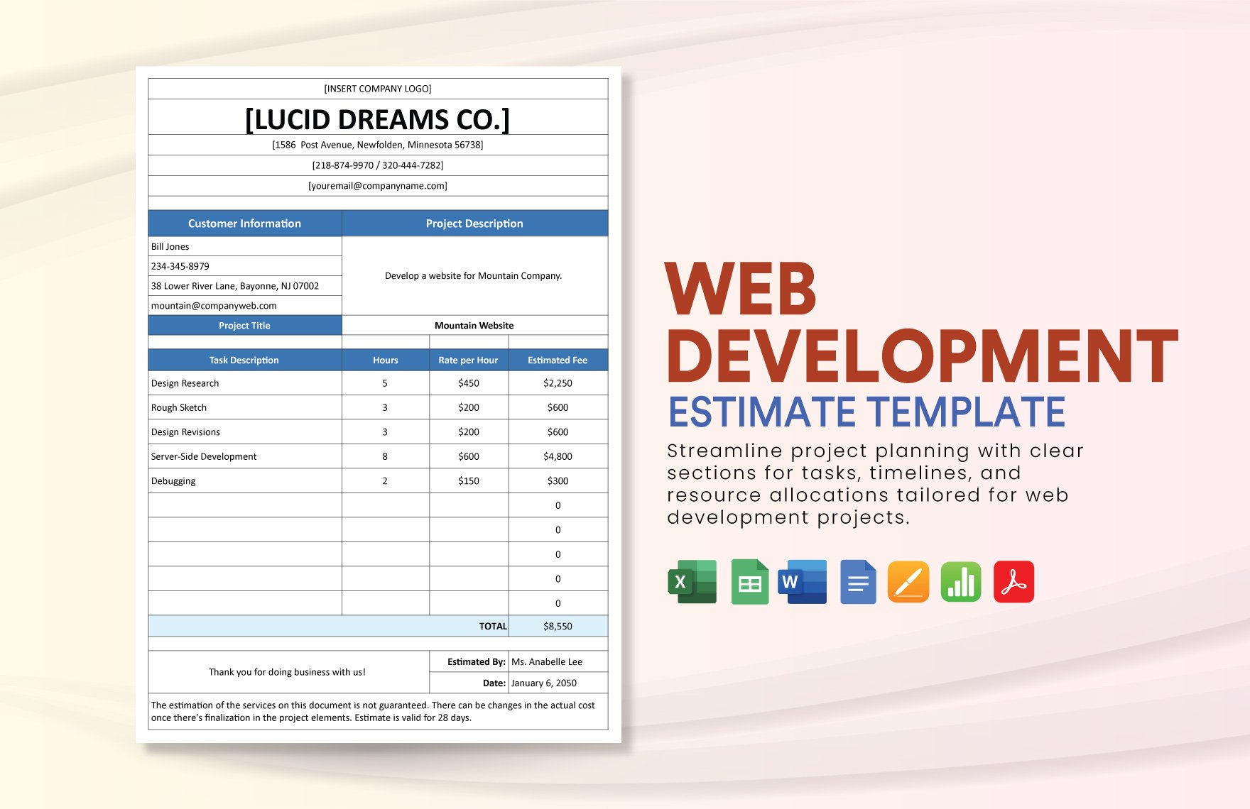 Web Development Estimate Template in Word, Google Docs, Excel, PDF, Google Sheets, Apple Pages, Apple Numbers
