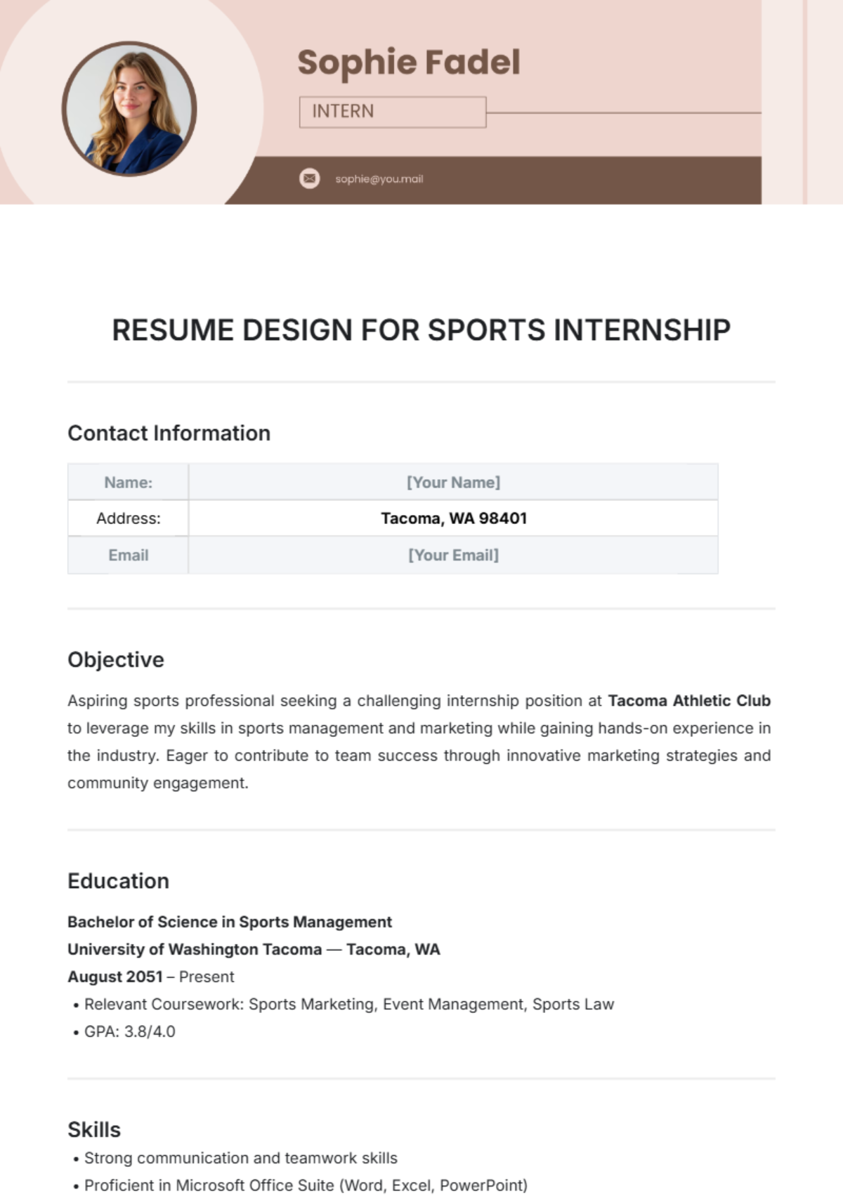 Resume Design for Sports Internship Template - Edit Online & Download