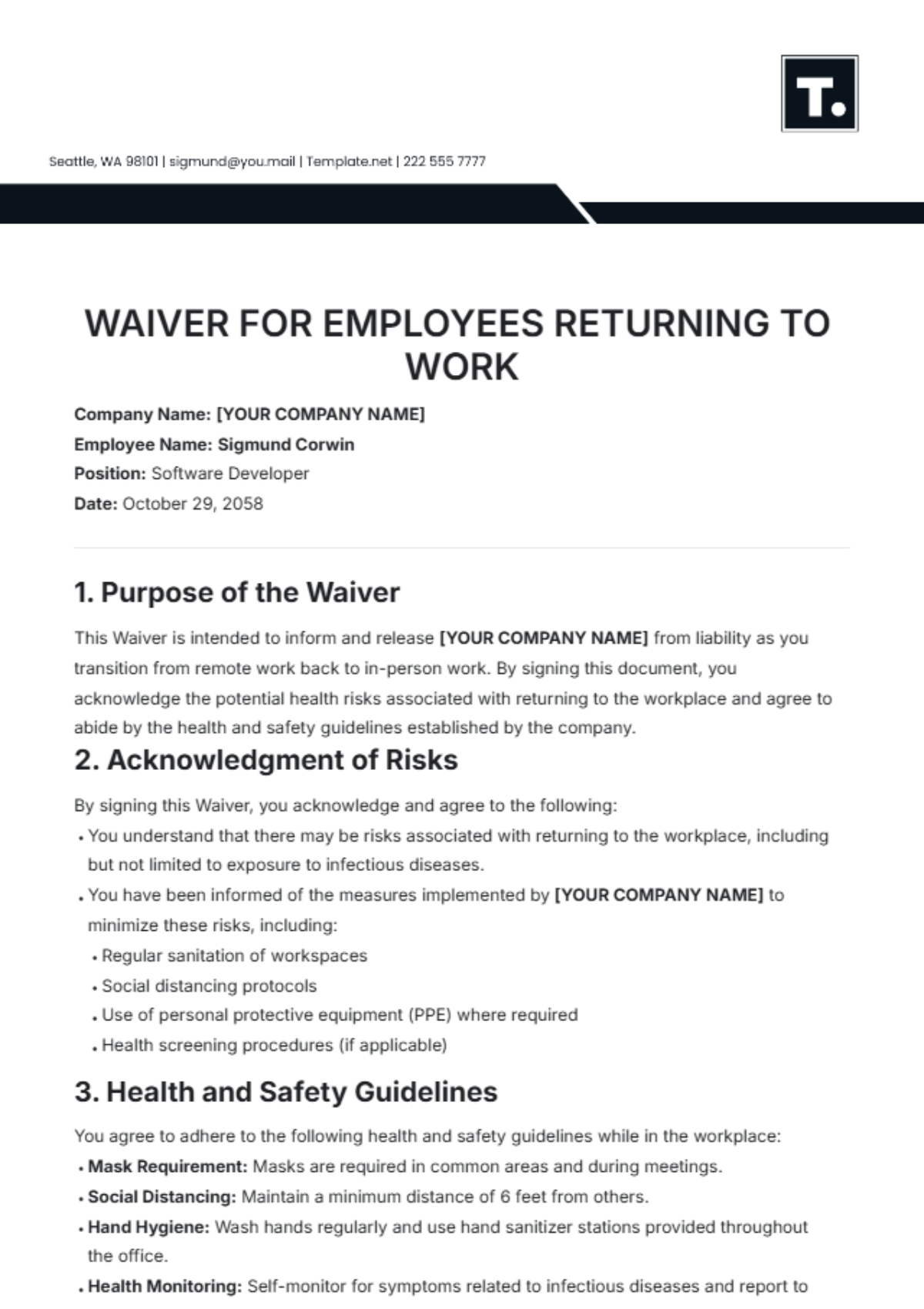 Waiver for Employees Returning to Work Template - Edit Online & Download