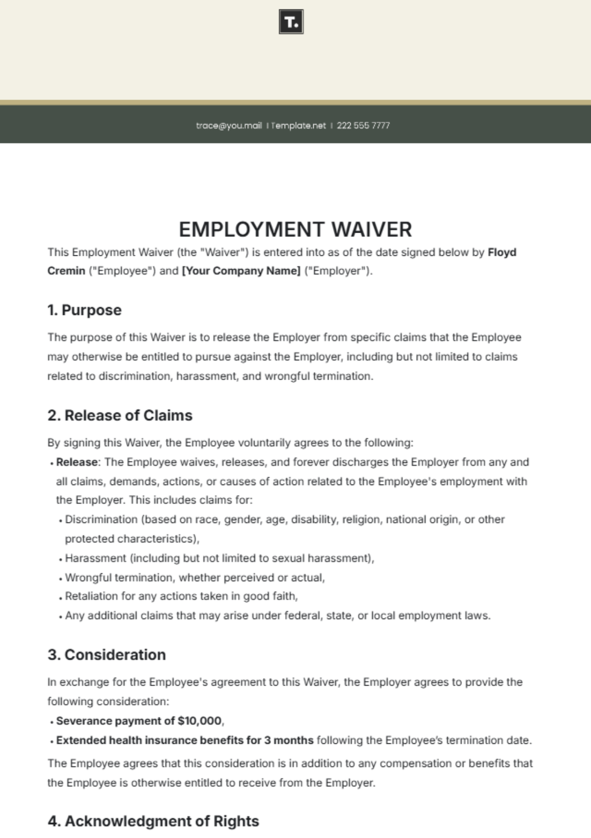 Employment Waiver Template - Edit Online & Download