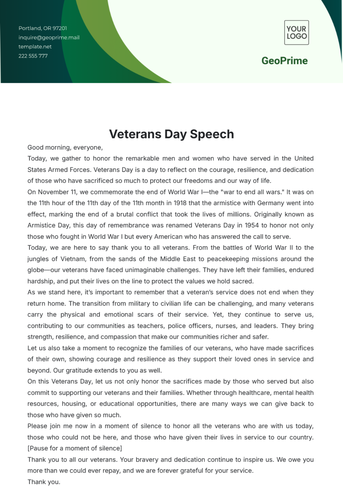 Veterans Day Speech Template - Edit Online & Download