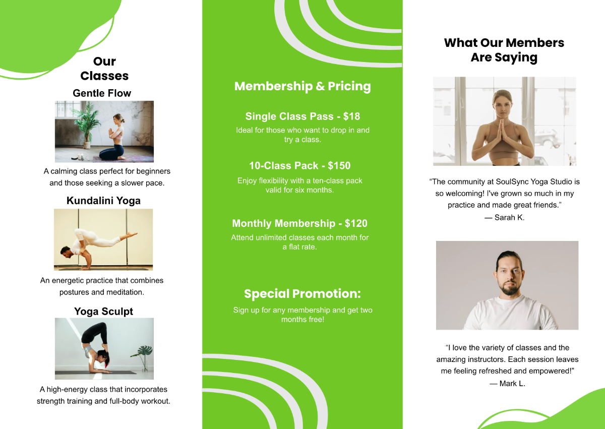Free Yoga Studio Pamphlet Template to Edit Online