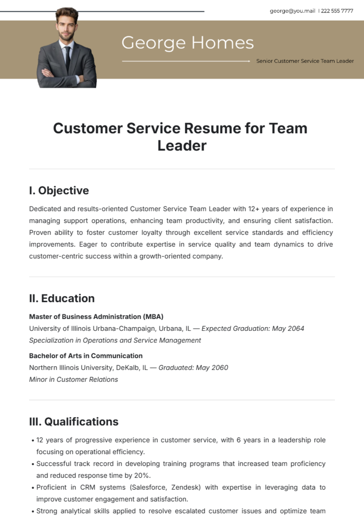 Customer Service Resume for Team Leader Template - Edit Online & Download