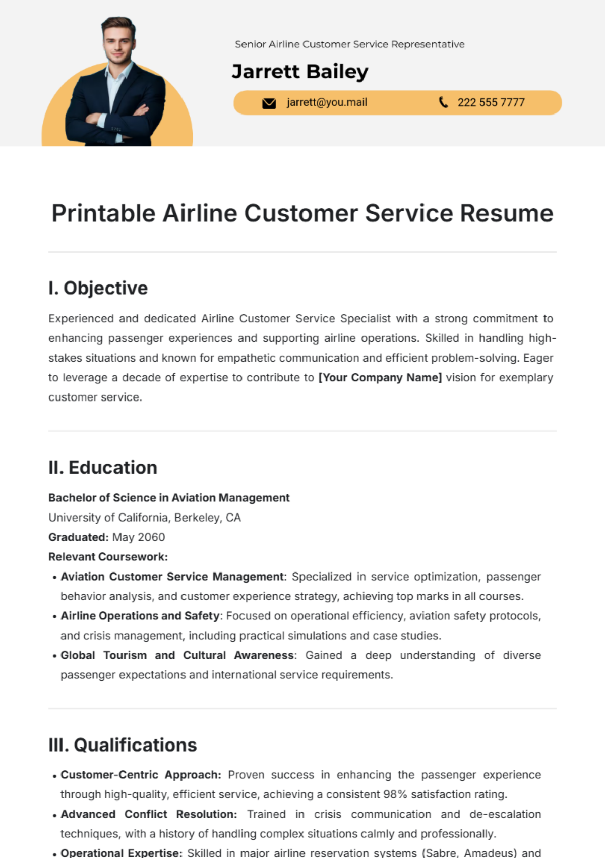 Printable Airline Customer Service Resume Template - Edit Online & Download