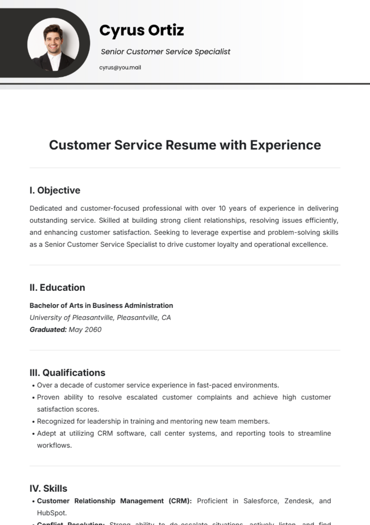 Customer Service Resume with Experience Template - Edit Online & Download