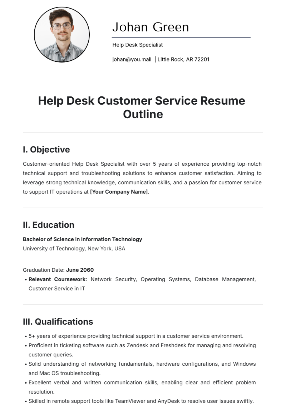 Help Desk Customer Service Resume Outline Template - Edit Online & Download