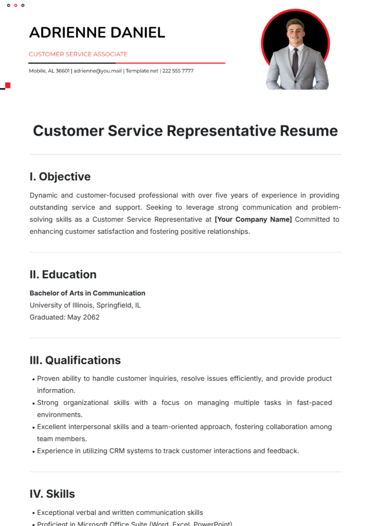 Customer Service Representative Resume Template - Edit Online & Download