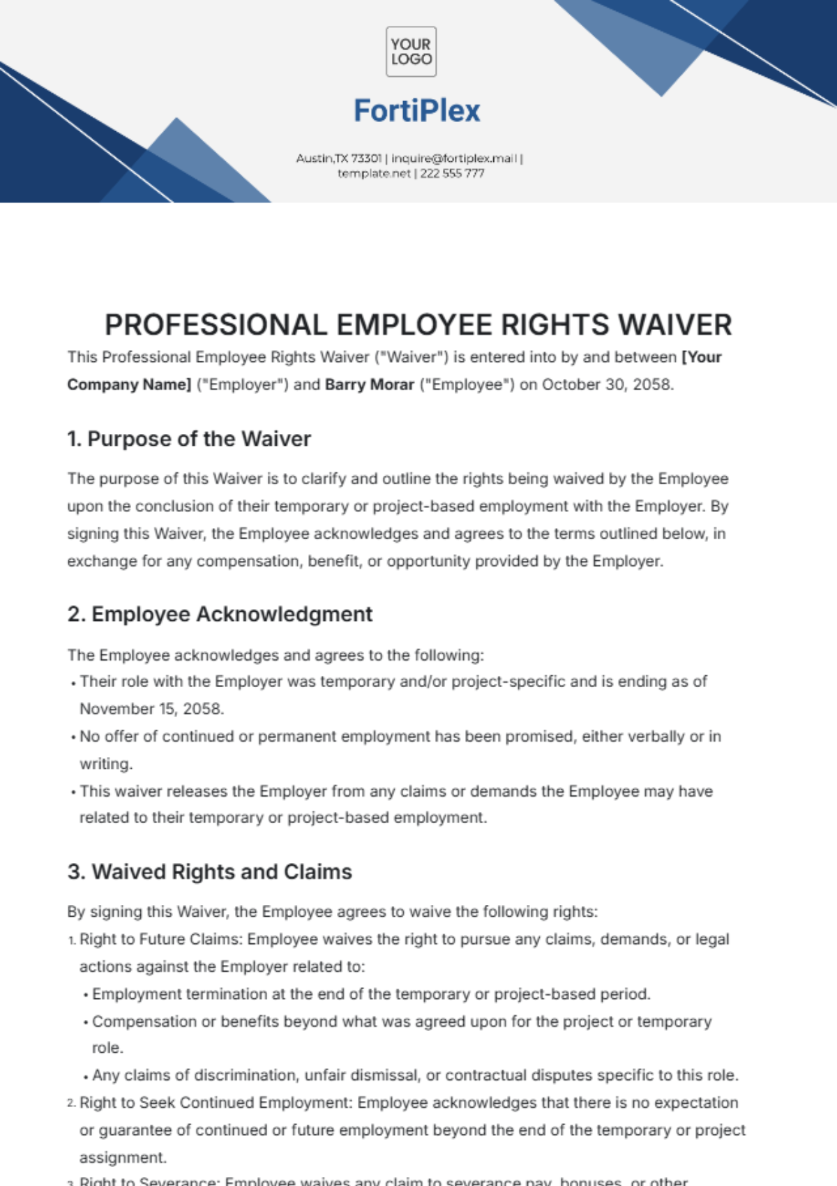 Professional Employee Rights Waiver Template - Edit Online & Download