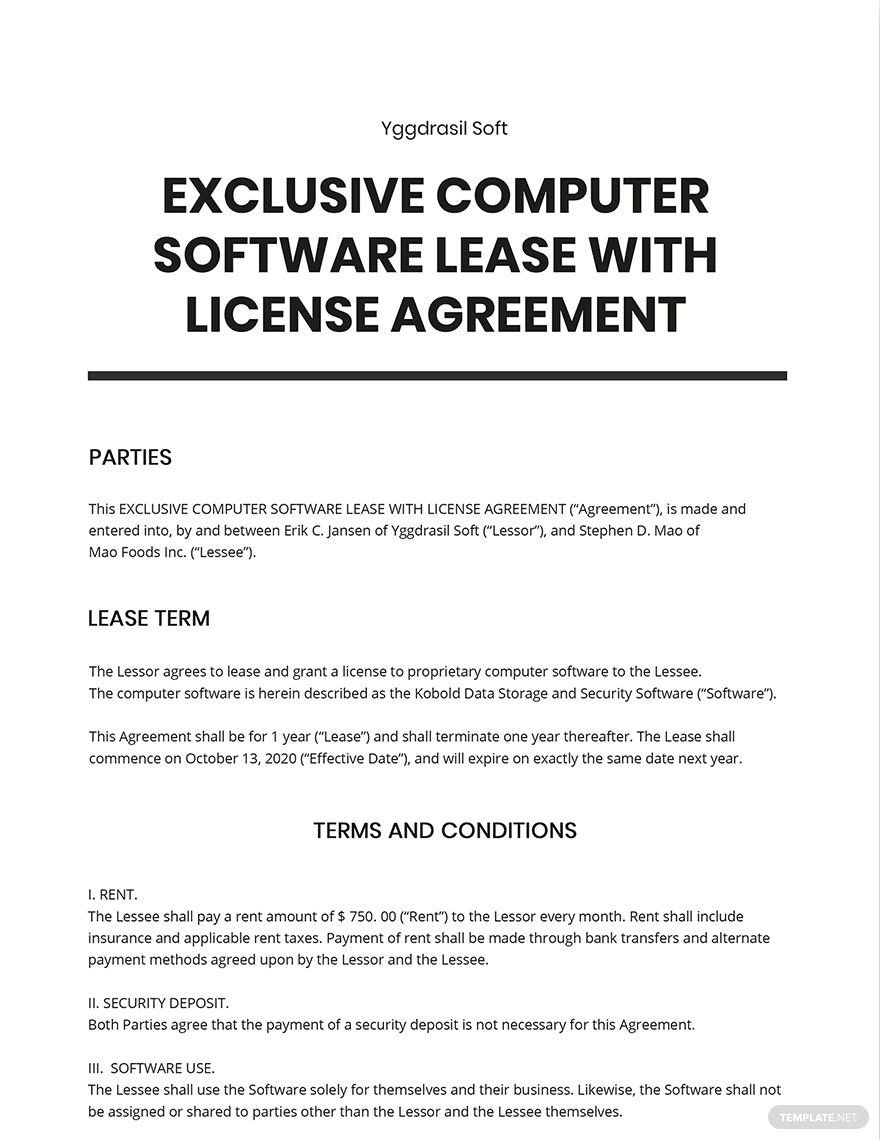 Exclusive Computer Software Lease with License Agreement Template