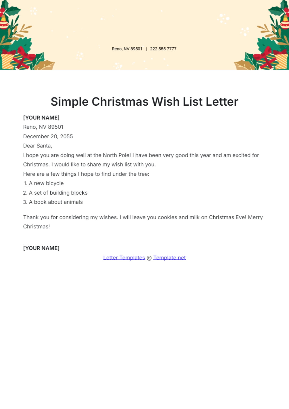 Simple Christmas Wish List Letter Template - Edit Online & Download