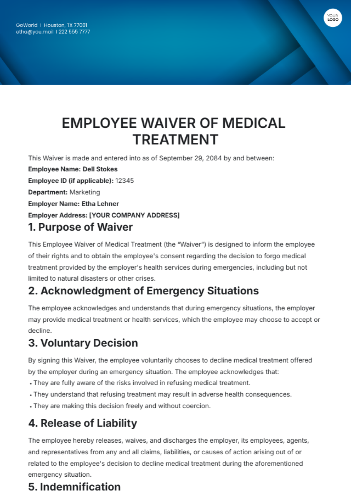 Employee Waiver of Medical Treatment Template - Download | Template.net