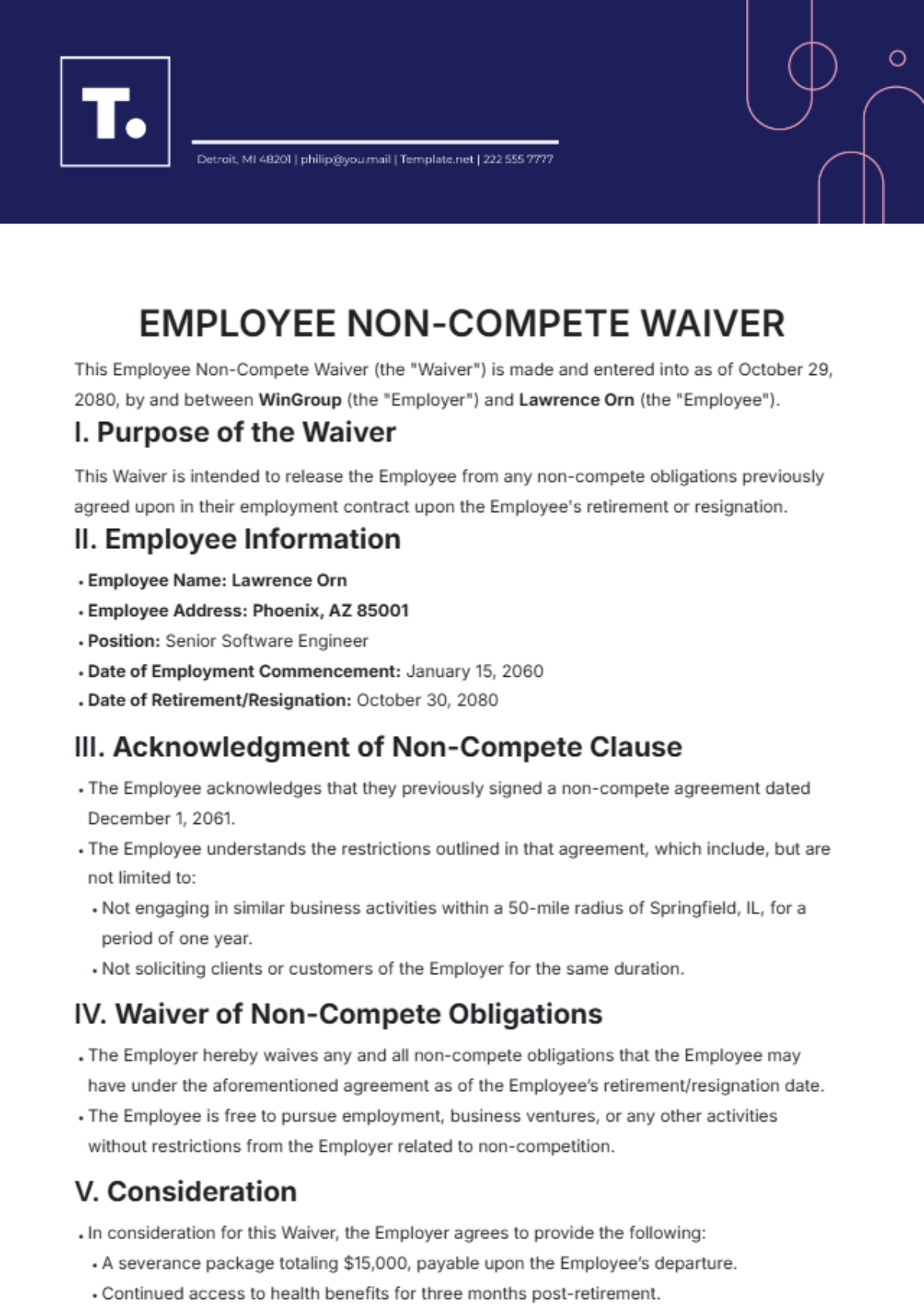 Employee Non-Compete Waiver Template - Edit Online & Download