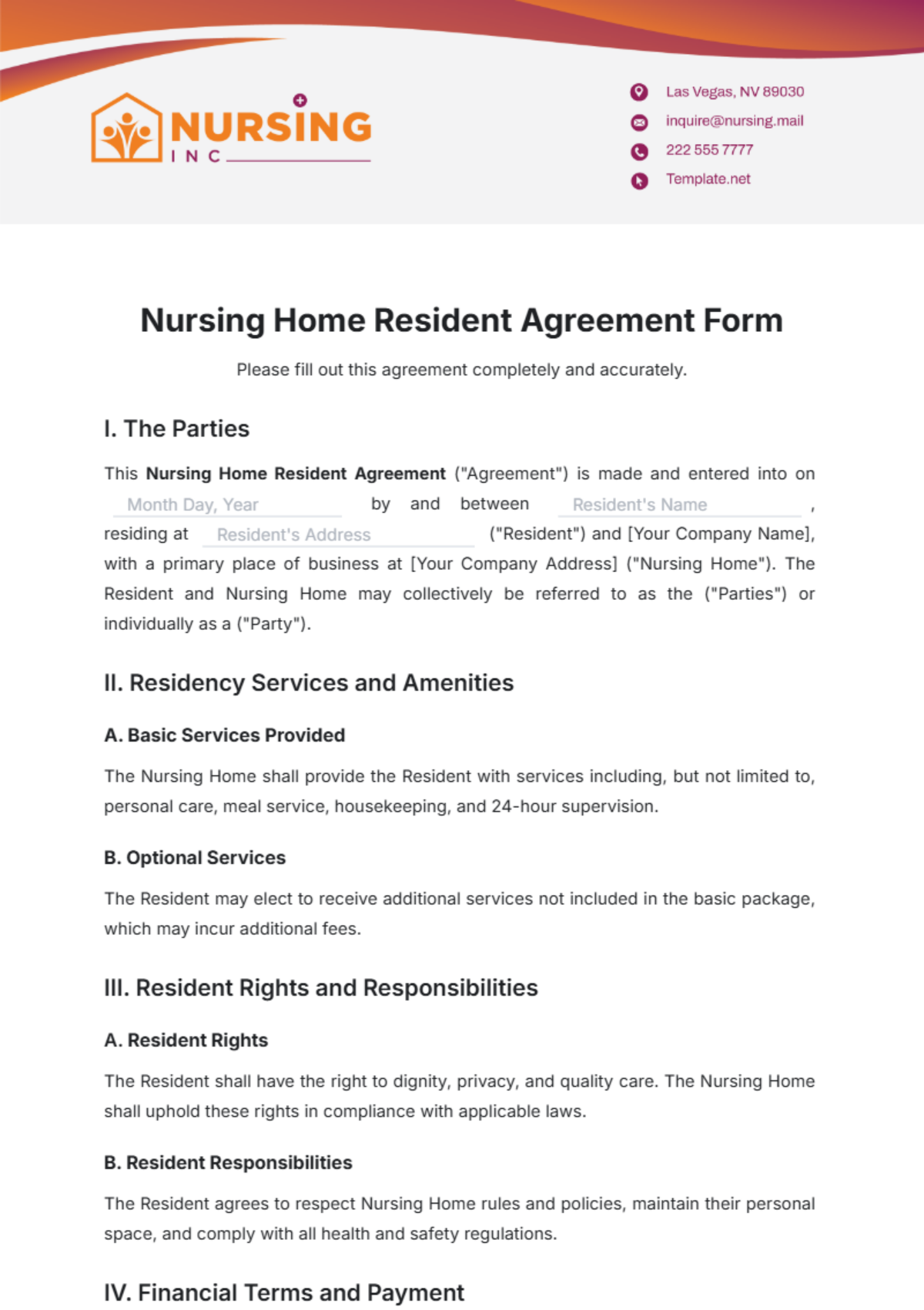 Nursing Home Resident Agreement Form Template - Edit Online & Download