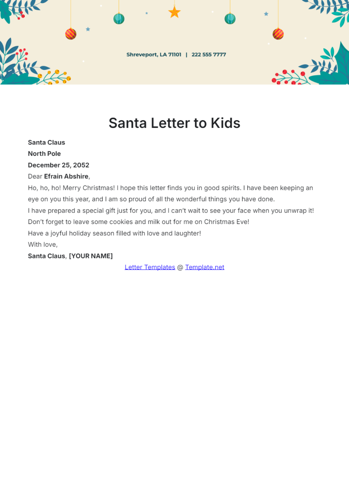 Santa Letter to Kids Template - Edit Online & Download