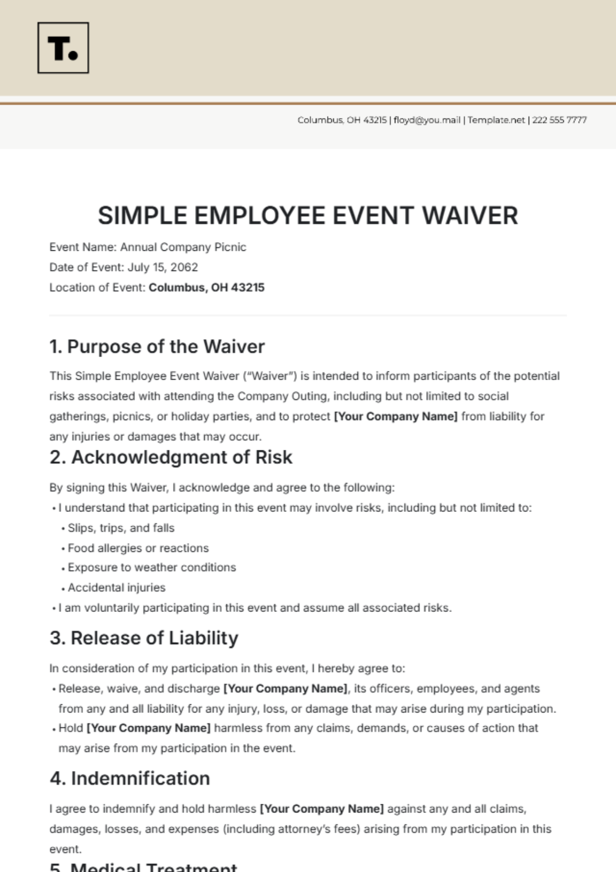 Simple Employee Event Waiver Template - Edit Online & Download