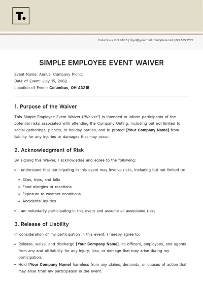 Free Simple Employee Event Waiver Template to Edit Online