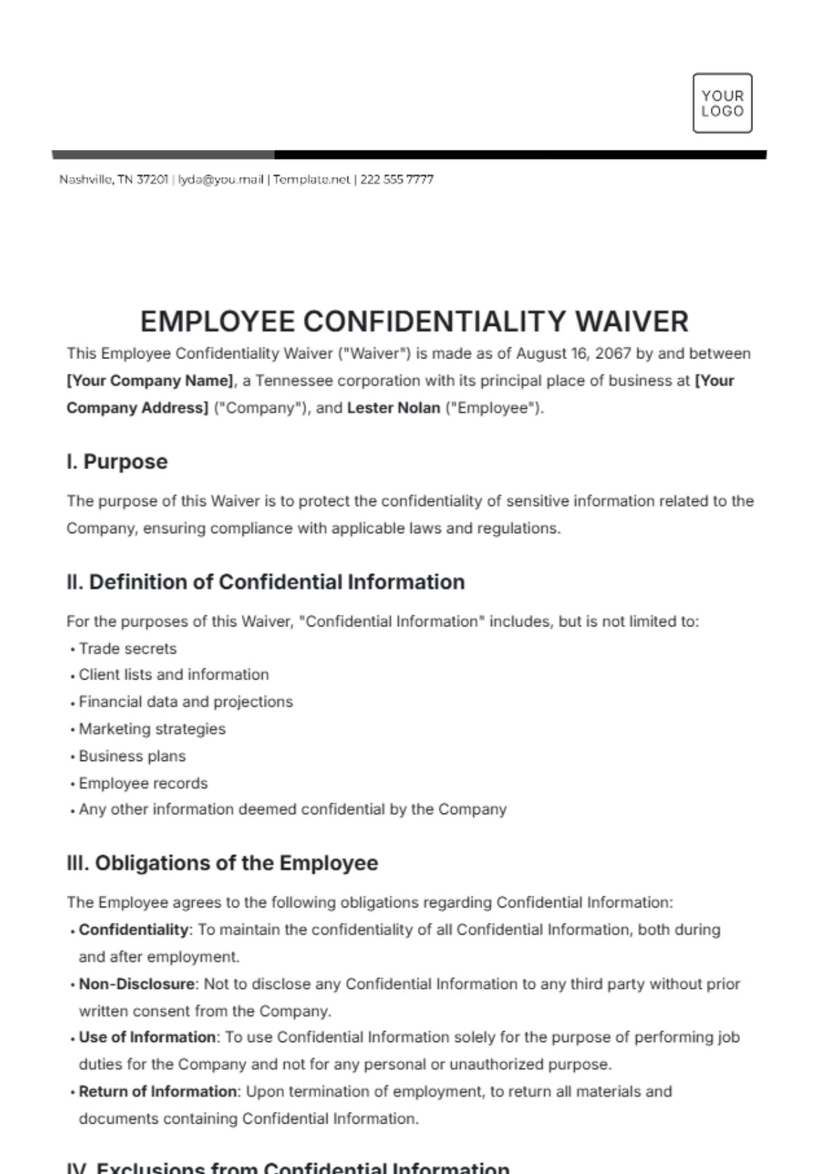 Free Employee Confidentiality Waiver Template