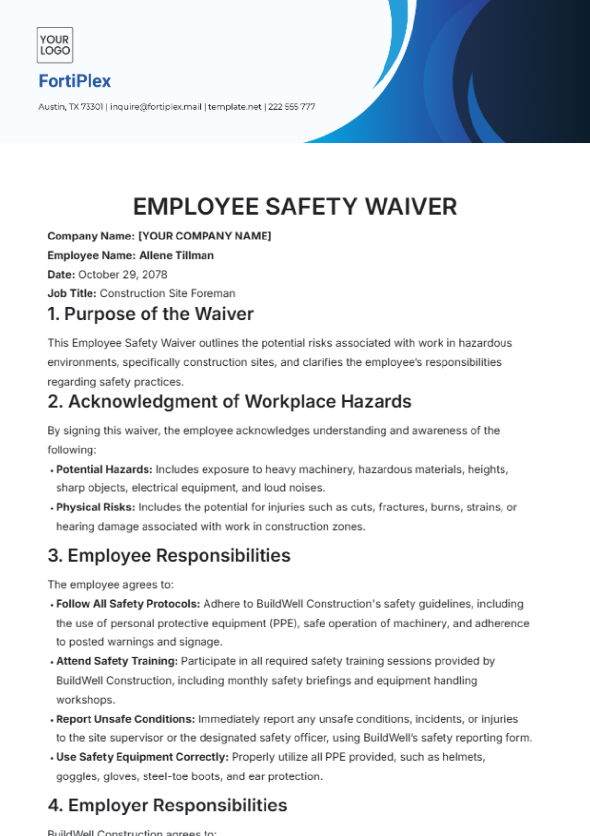 Employee Safety Waiver Template - Edit Online & Download