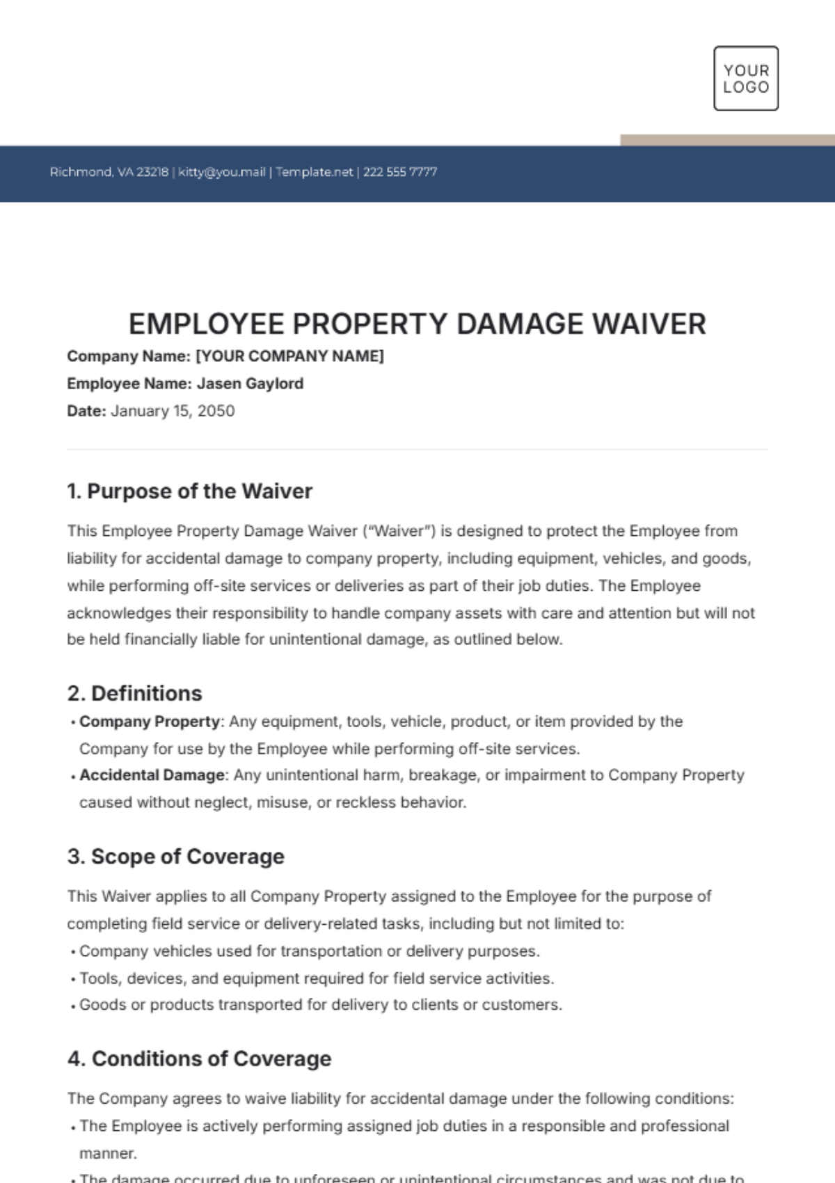 Employee Property Damage Waiver Template - Edit Online & Download