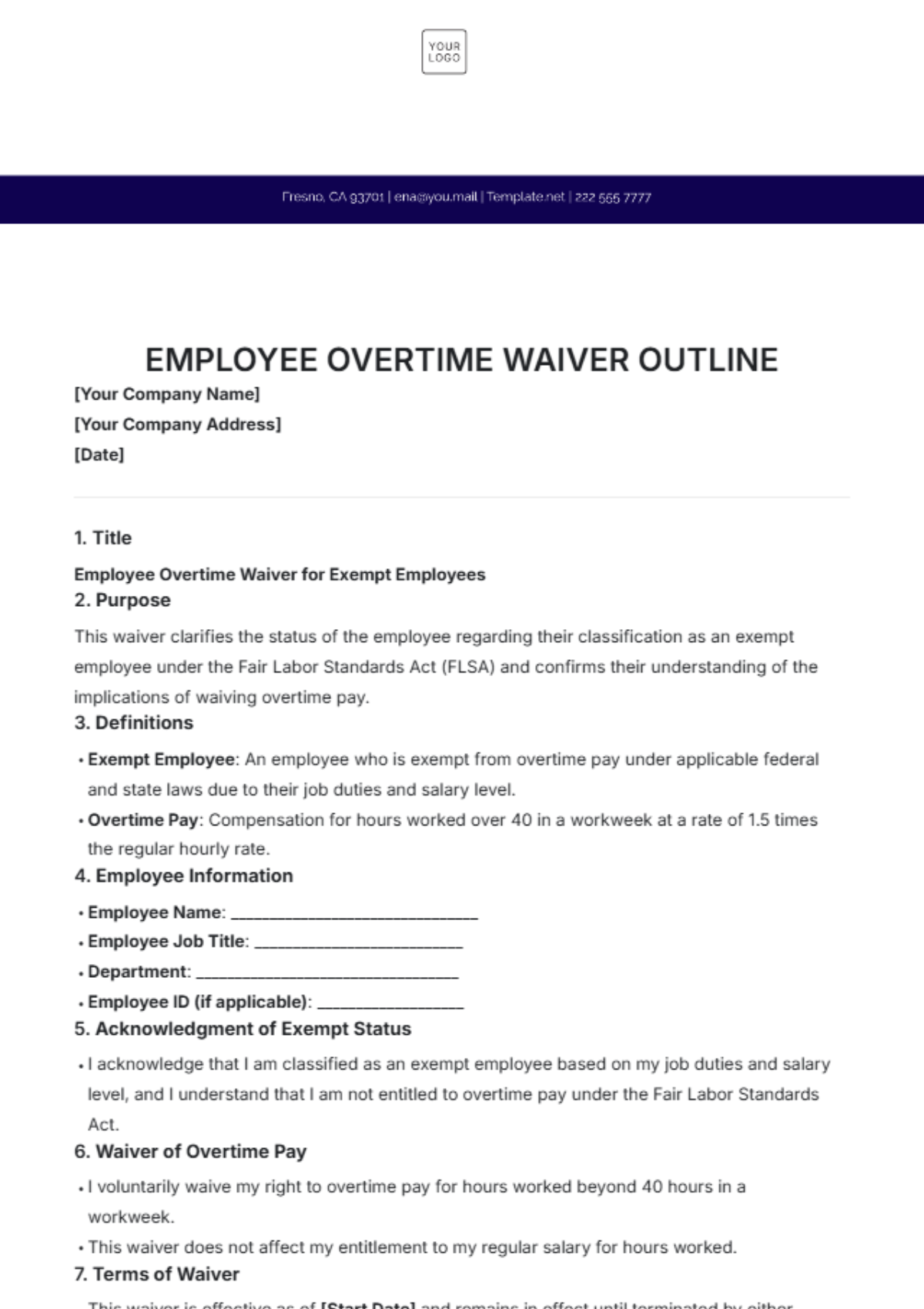 Free Employee Overtime Waiver Outline Template