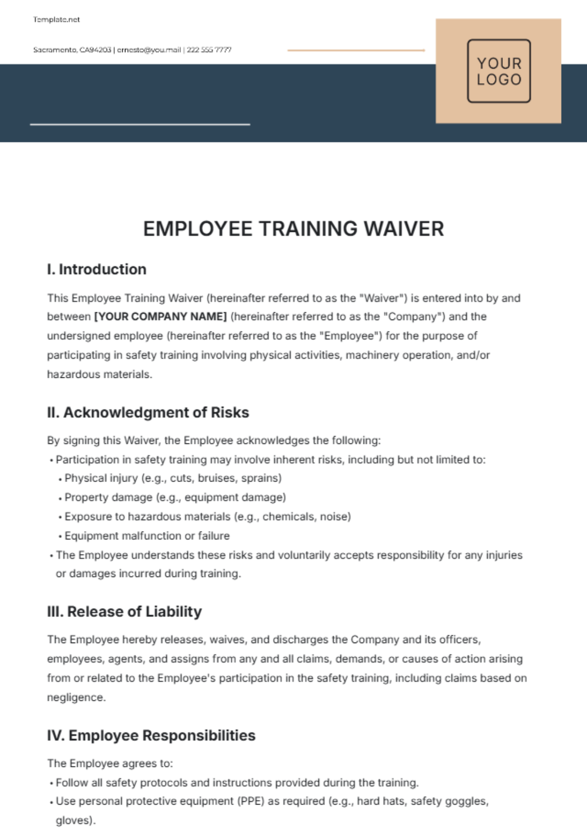 Employee Training Waiver Template - Edit Online & Download