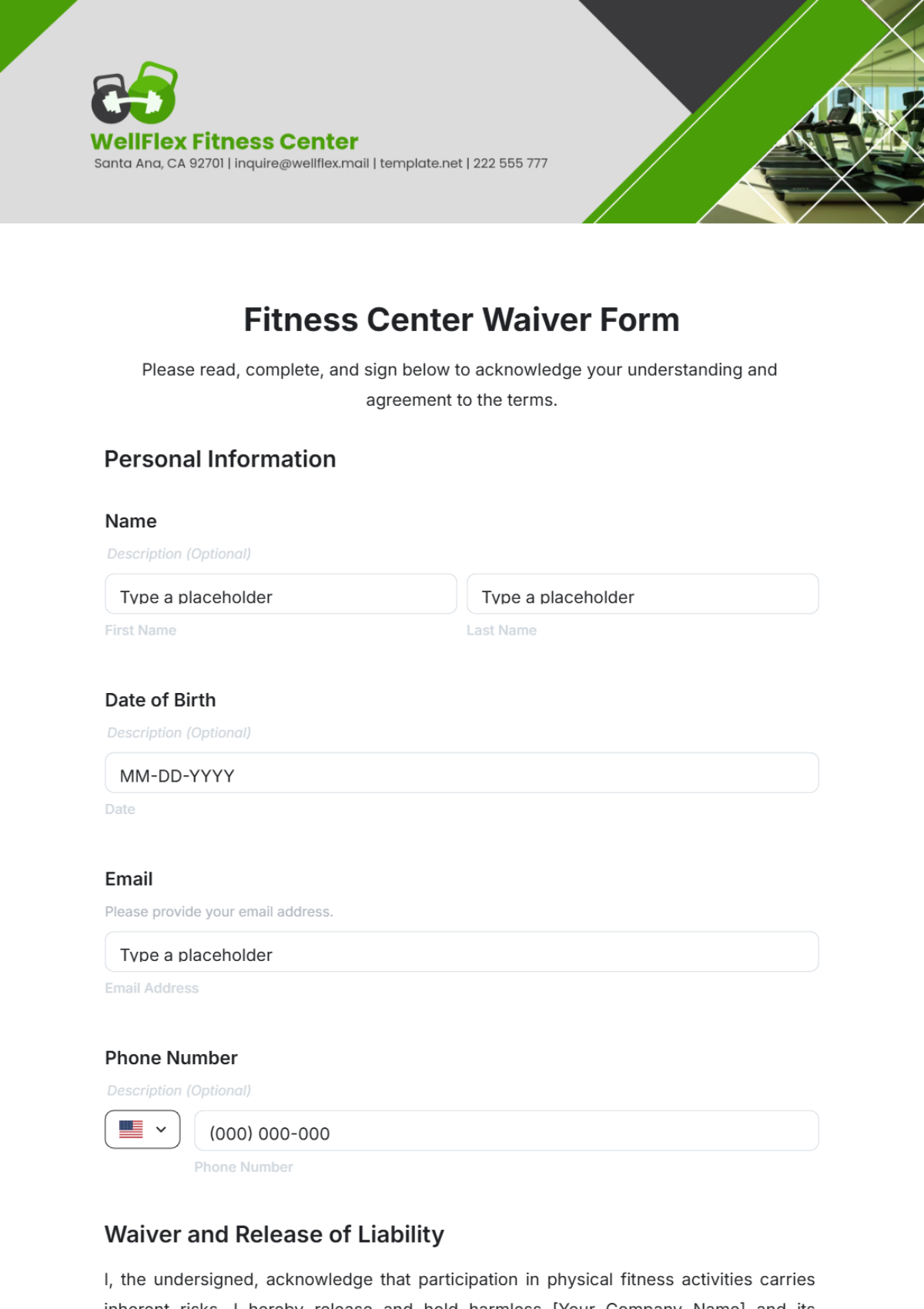 Fitness Center Waiver Form Template - Edit Online & Download