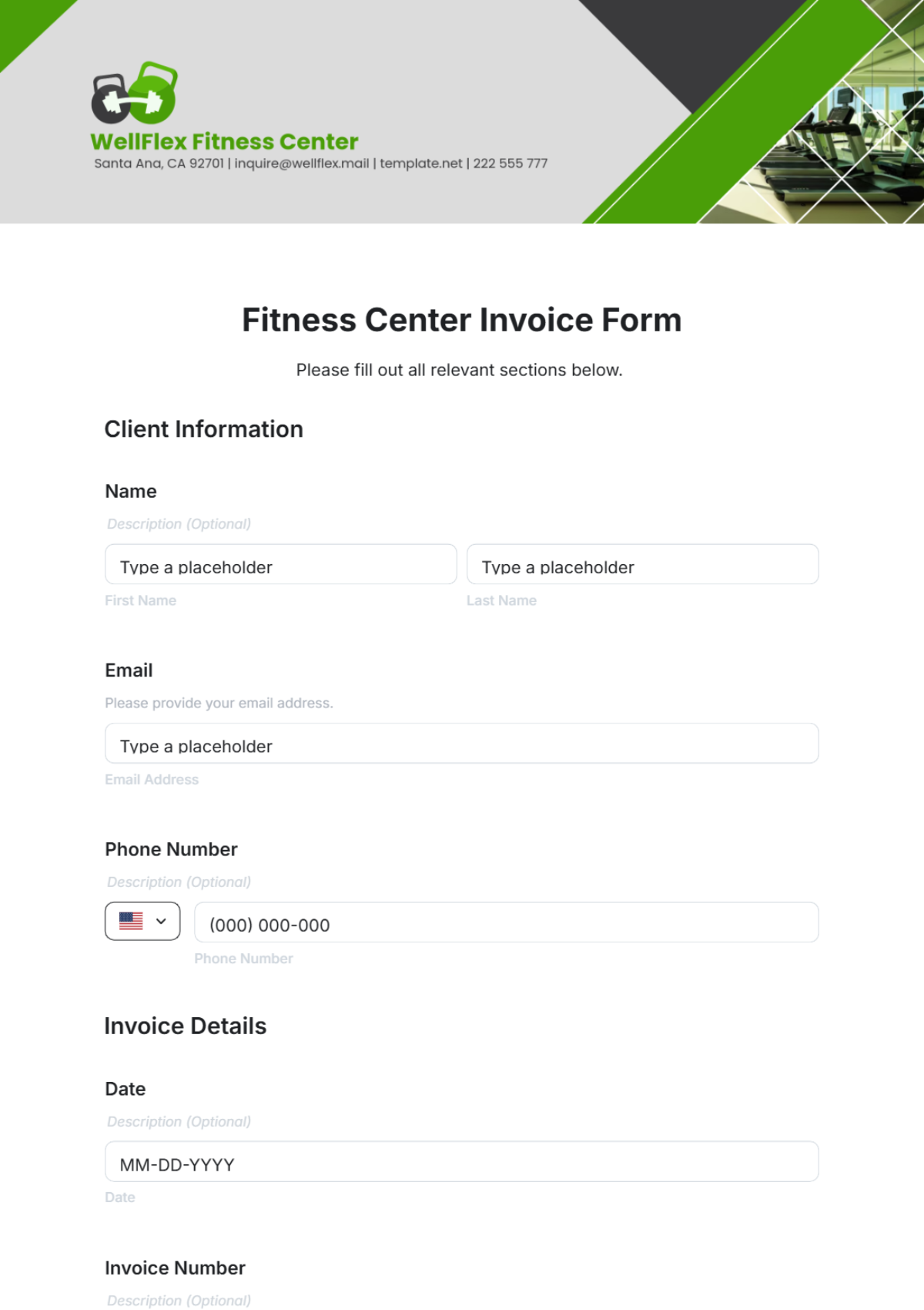 Fitness Center Invoice Form Template - Edit Online & Download