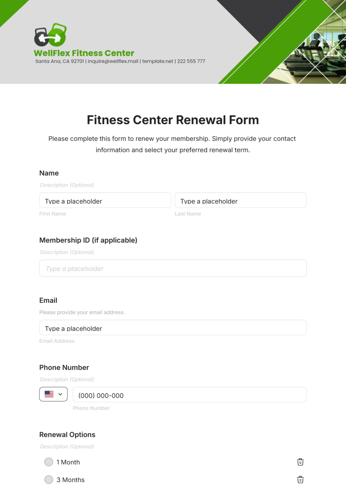 Fitness Center Renewal Form Template - Edit Online & Download