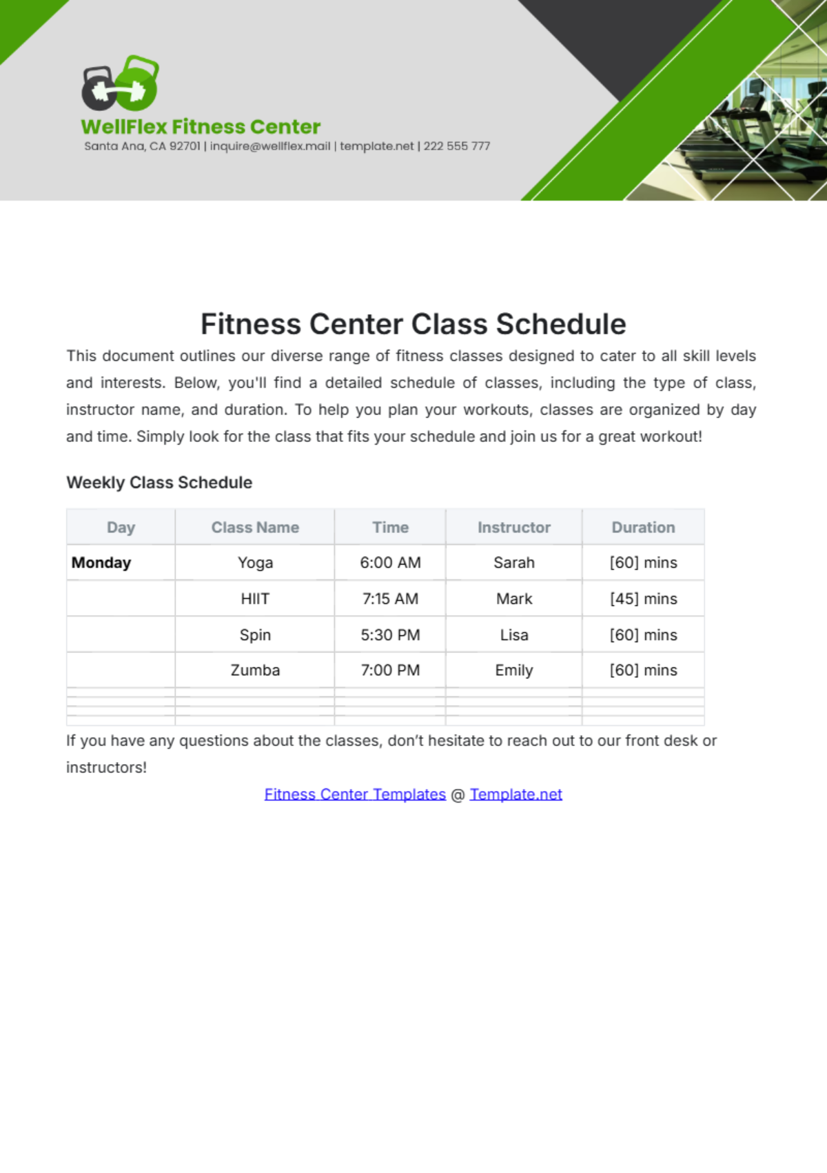 Fitness Center Class Schedule Template