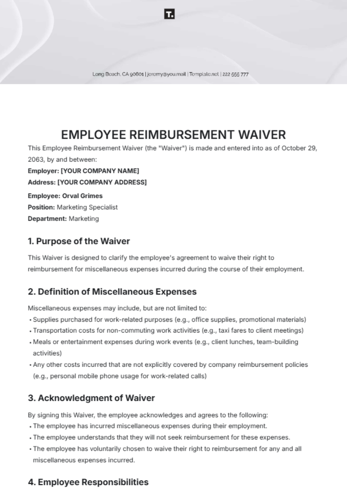 Free Employee Reimbursement Waiver Template