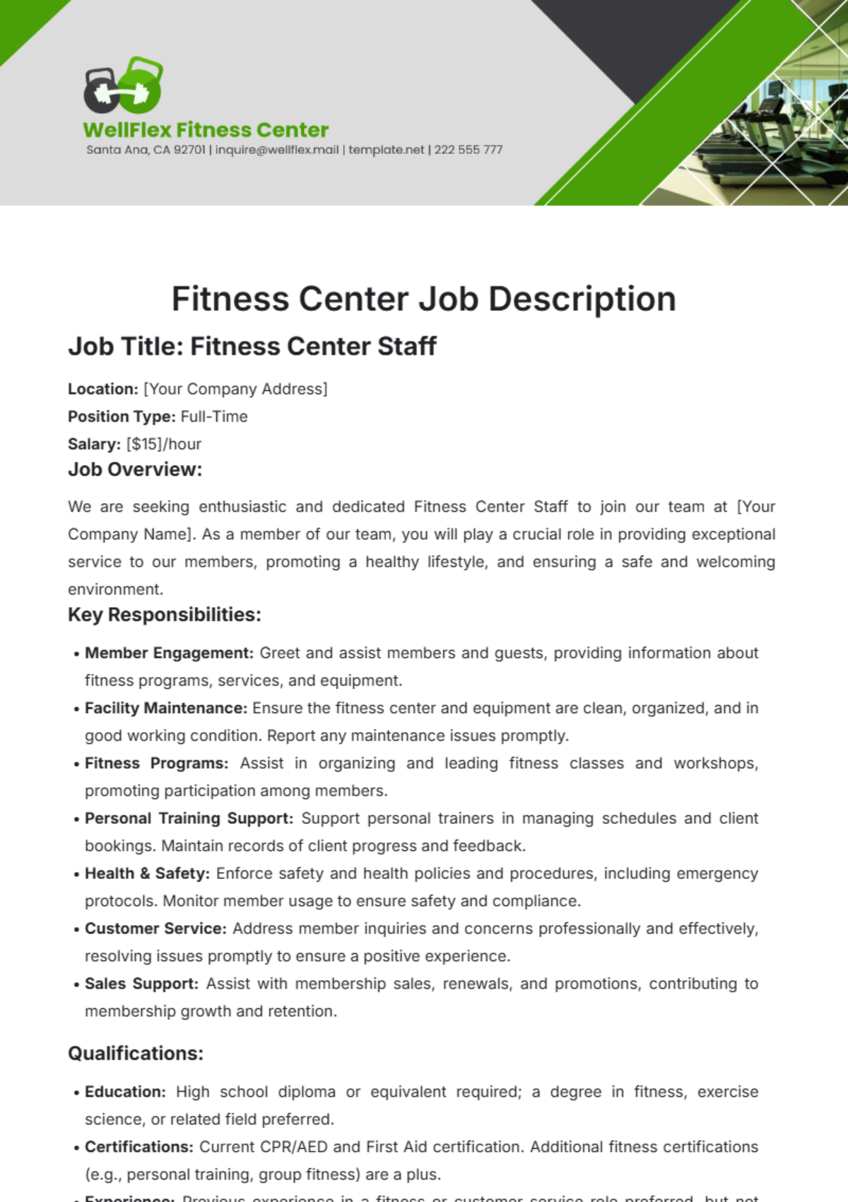 Fitness Center Job Description Template