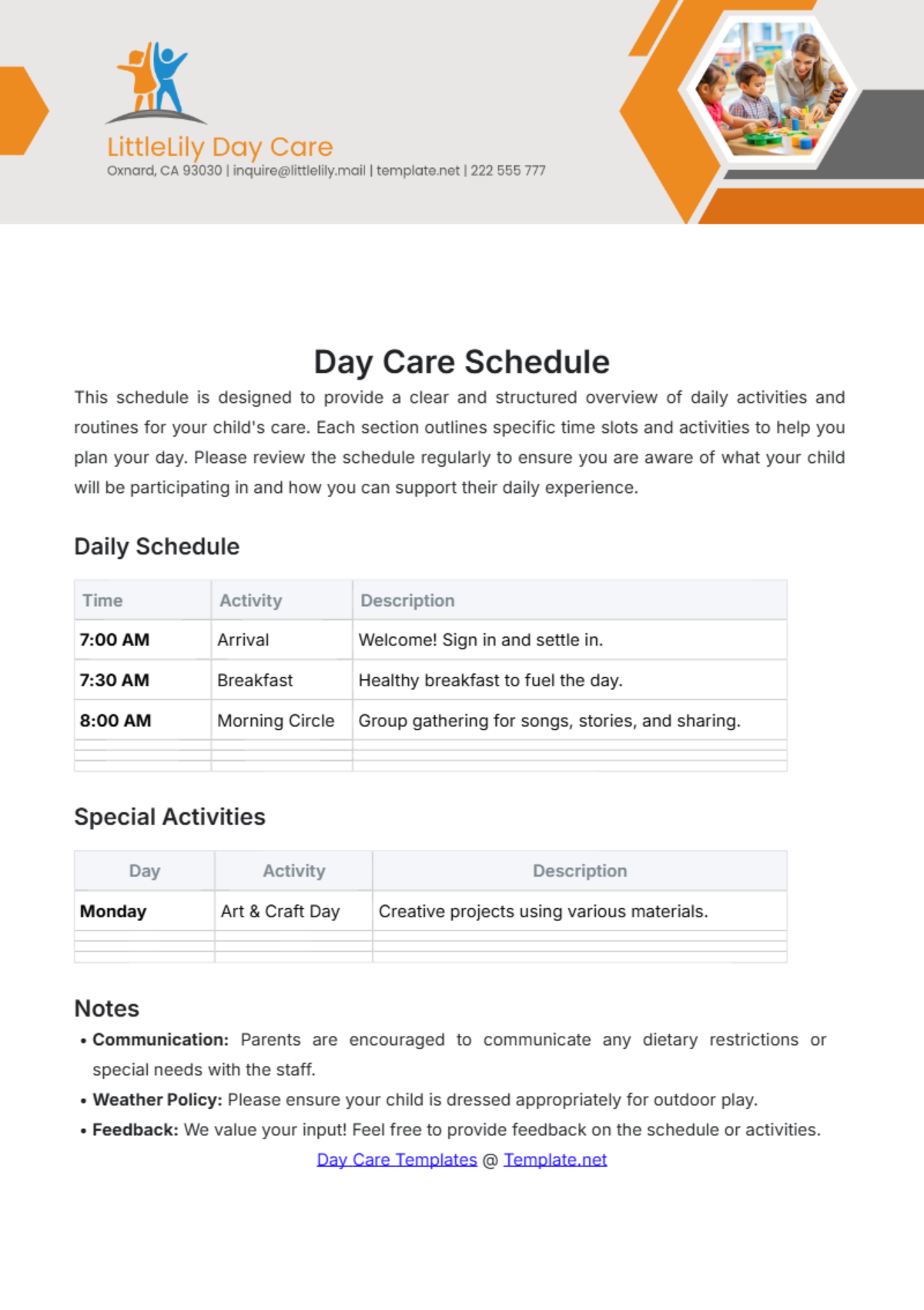 Day Care Schedule Template