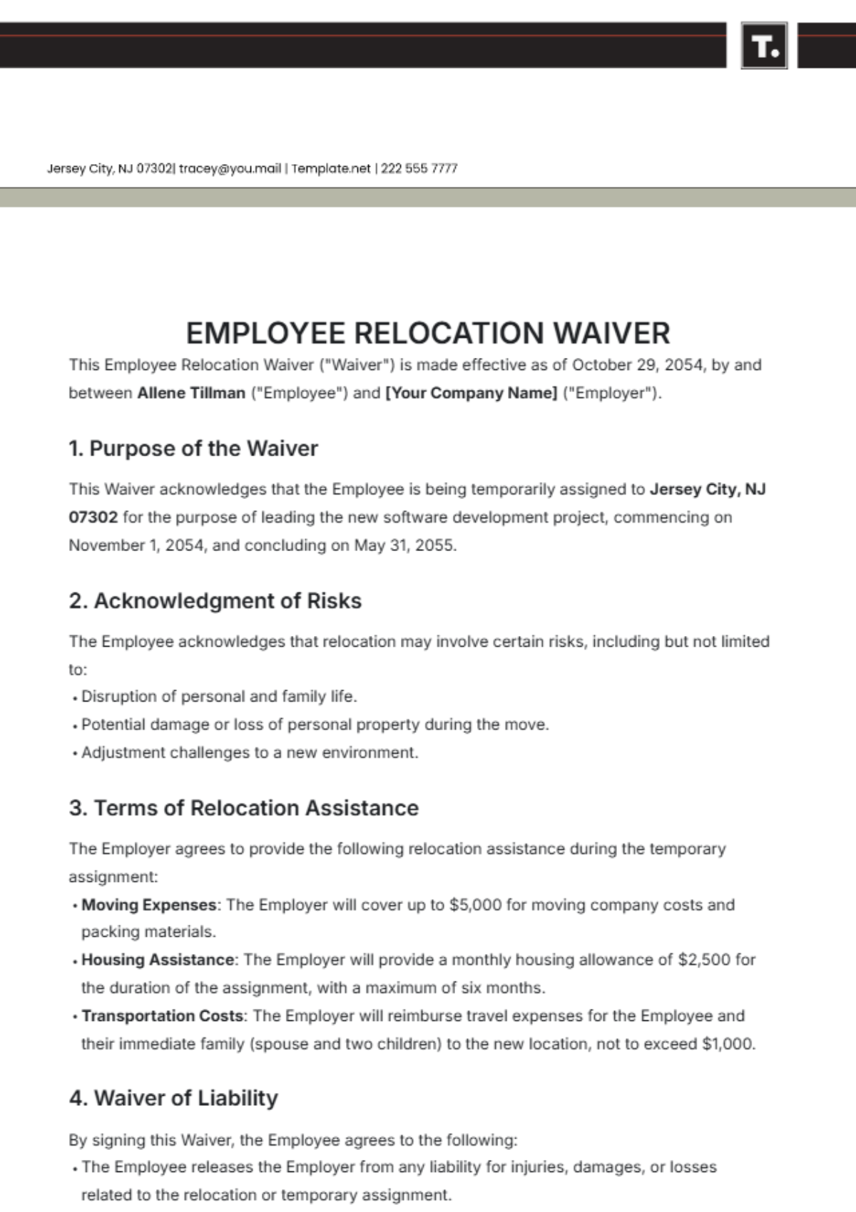 Free Employee Relocation Waiver Template