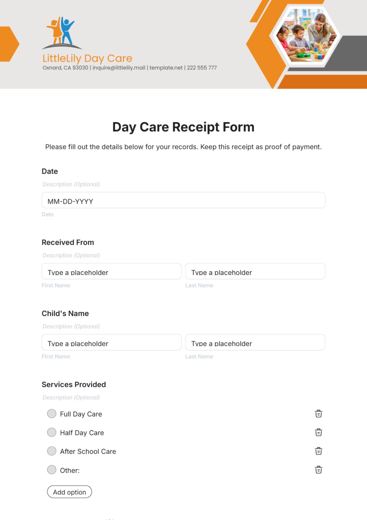 Day Care Receipt Form Template - Edit Online & Download