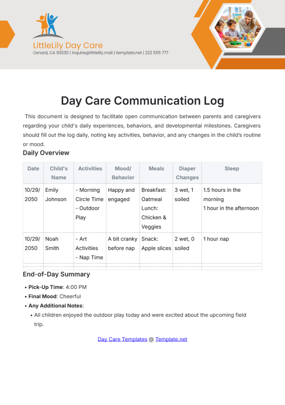 Day Care Communication Log Template