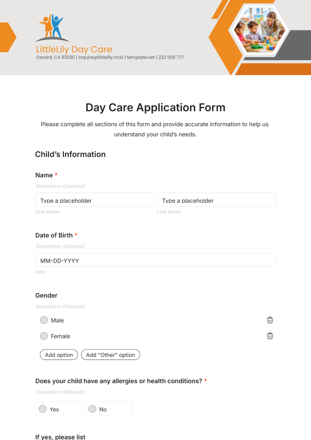 Day Care Application Form Template - Edit Online & Download