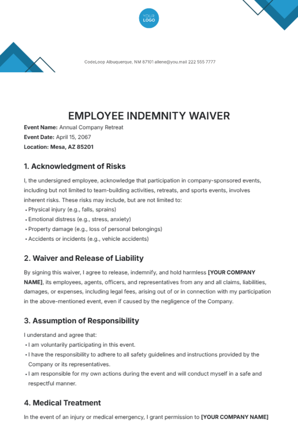 Free Employee Indemnity Waiver Template