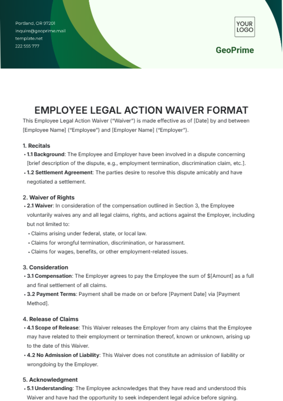 Employee Legal Action Waiver Format Template - Edit Online & Download