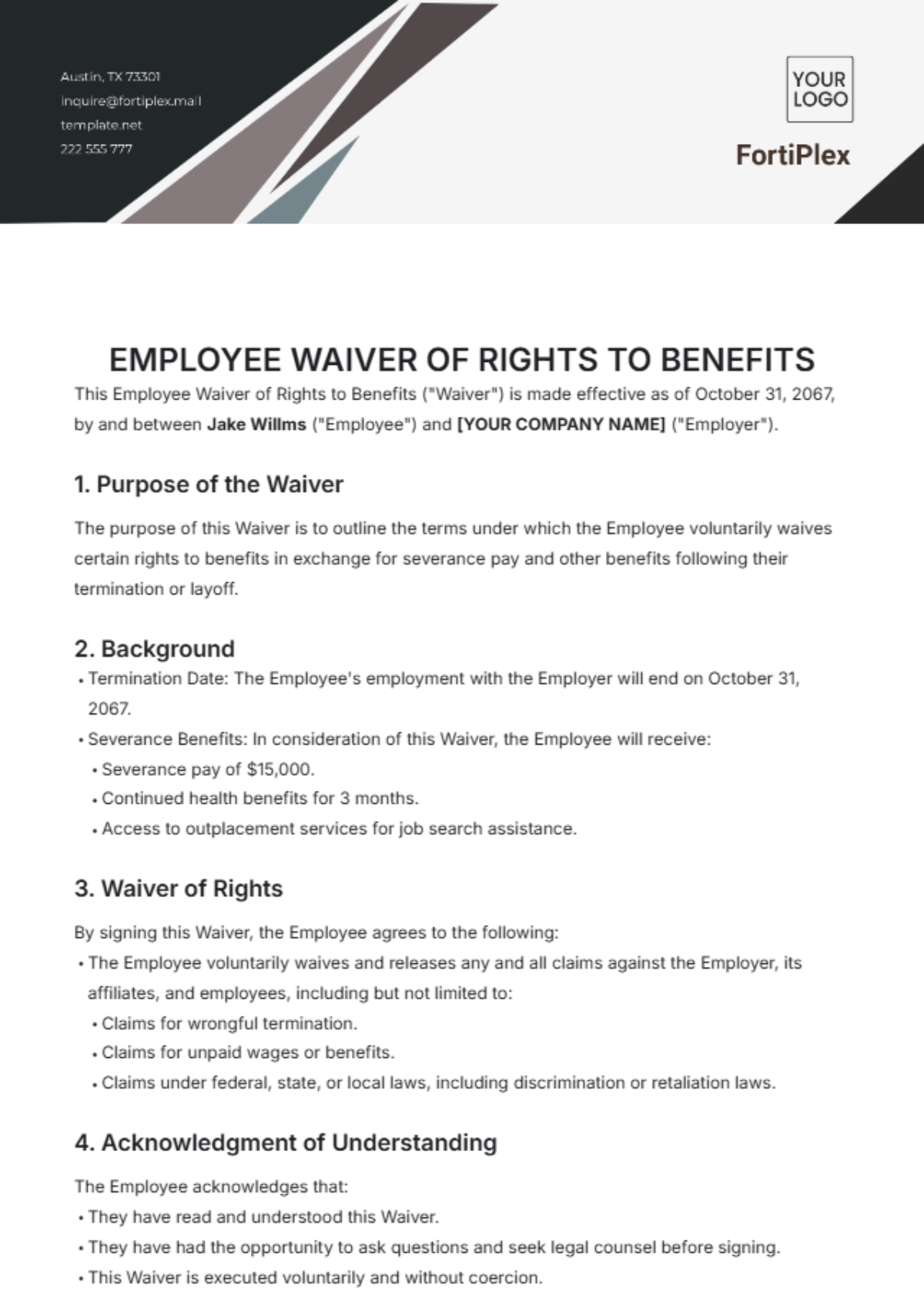 Employee Waiver of Rights to Benefits Template - Edit Online & Download