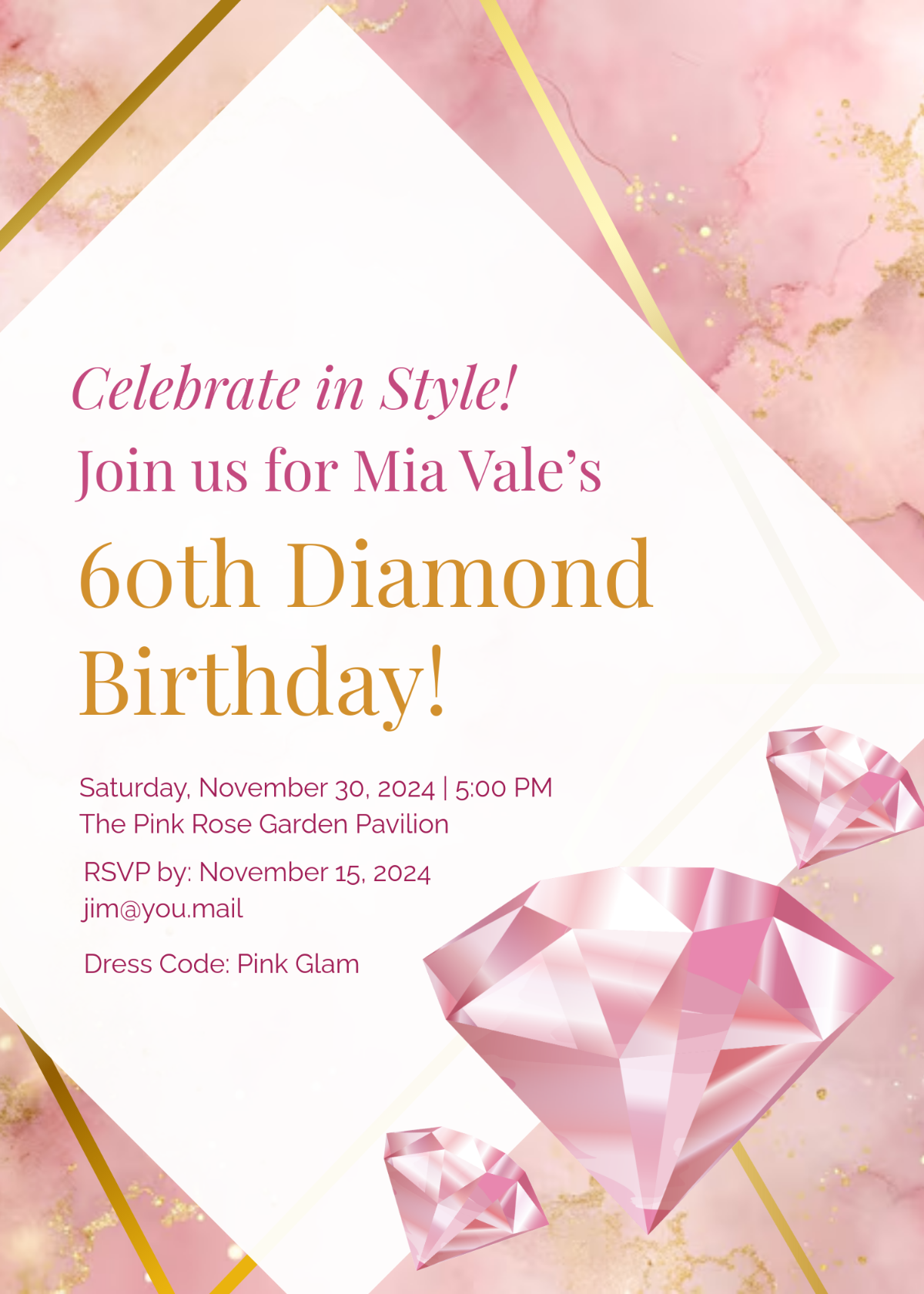 Pink Diamond Birthday Invitation Template - Edit Online & Download