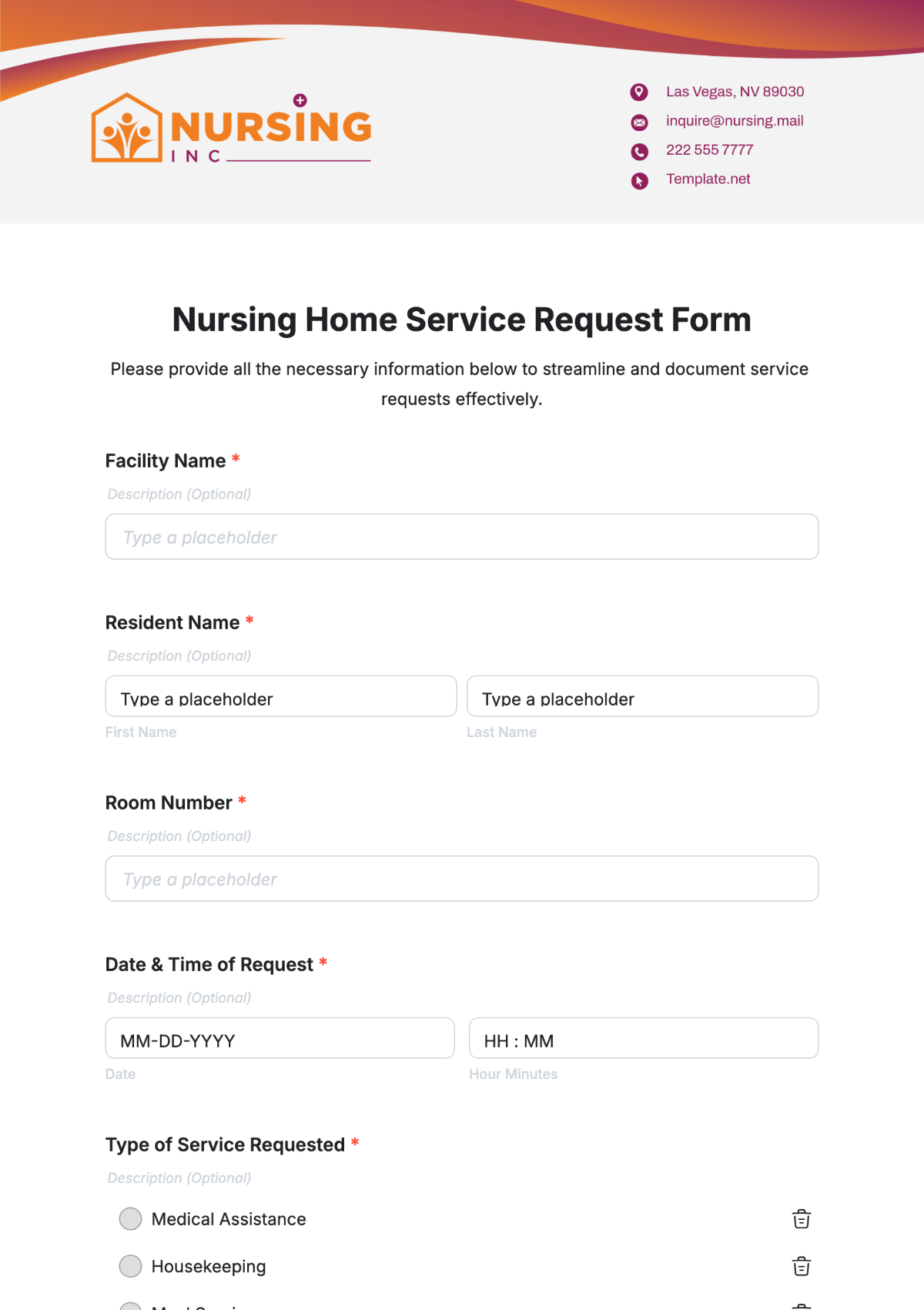 Nursing Home Service Request Form Template - Edit Online & Download