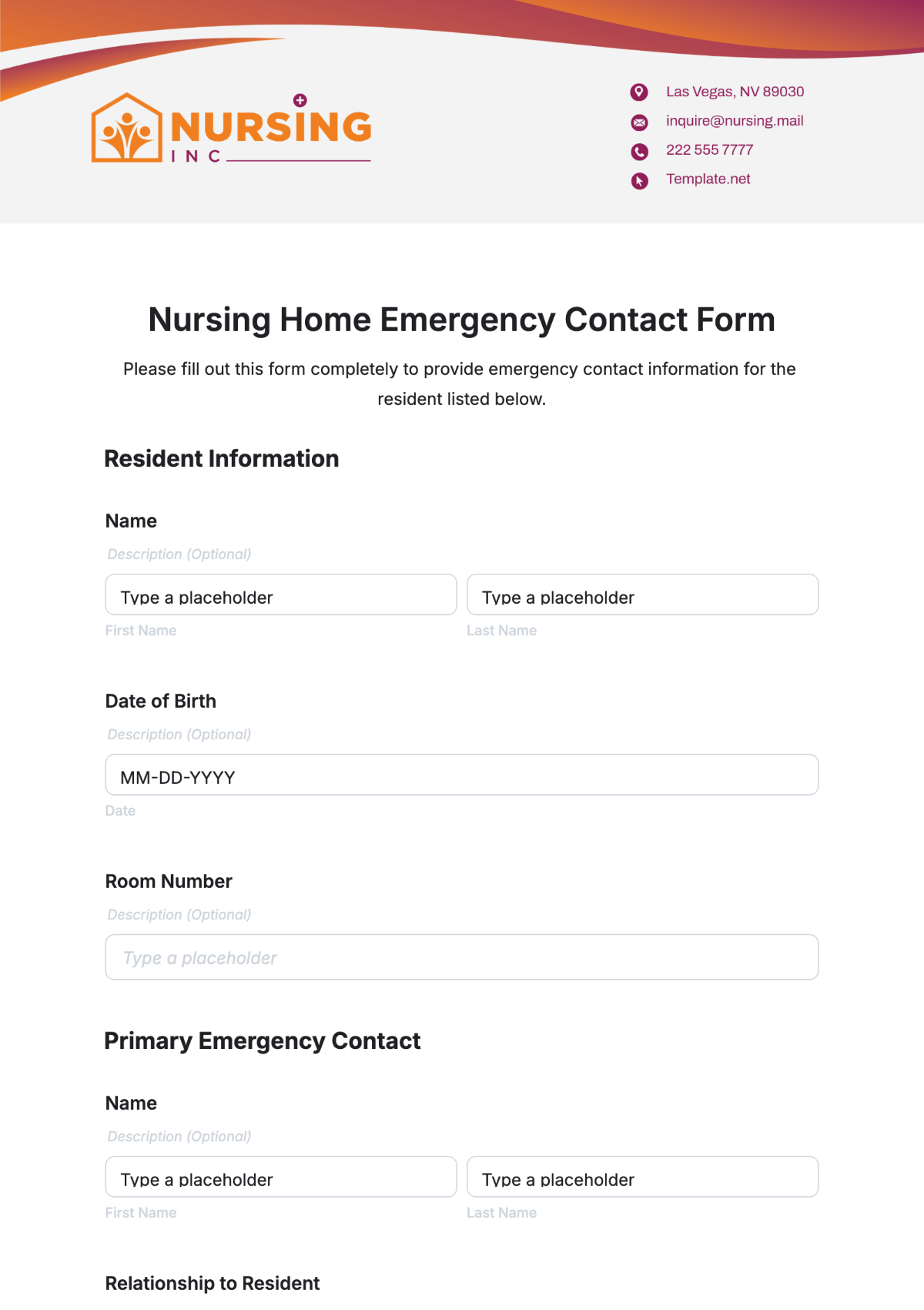 Nursing Home Emergency Contact Form Template - Edit Online & Download