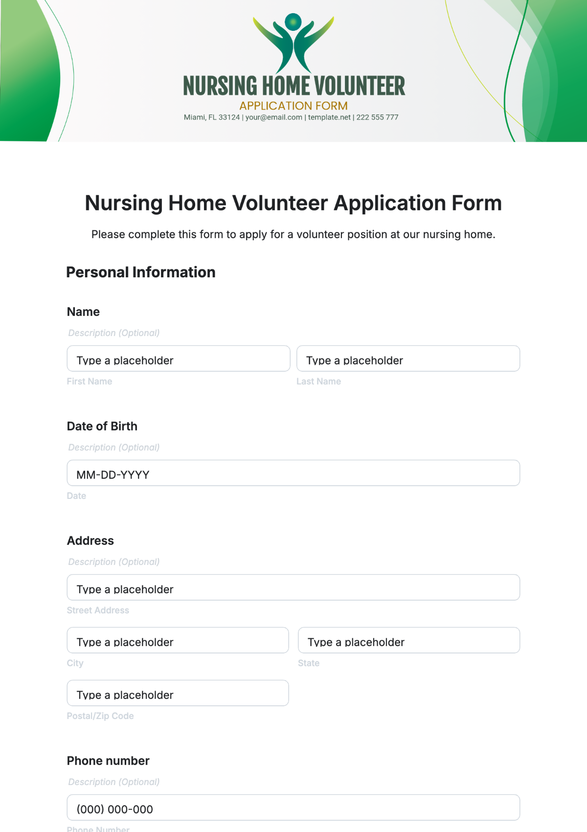 Nursing Home Volunteer Application Form Template - Edit Online & Download