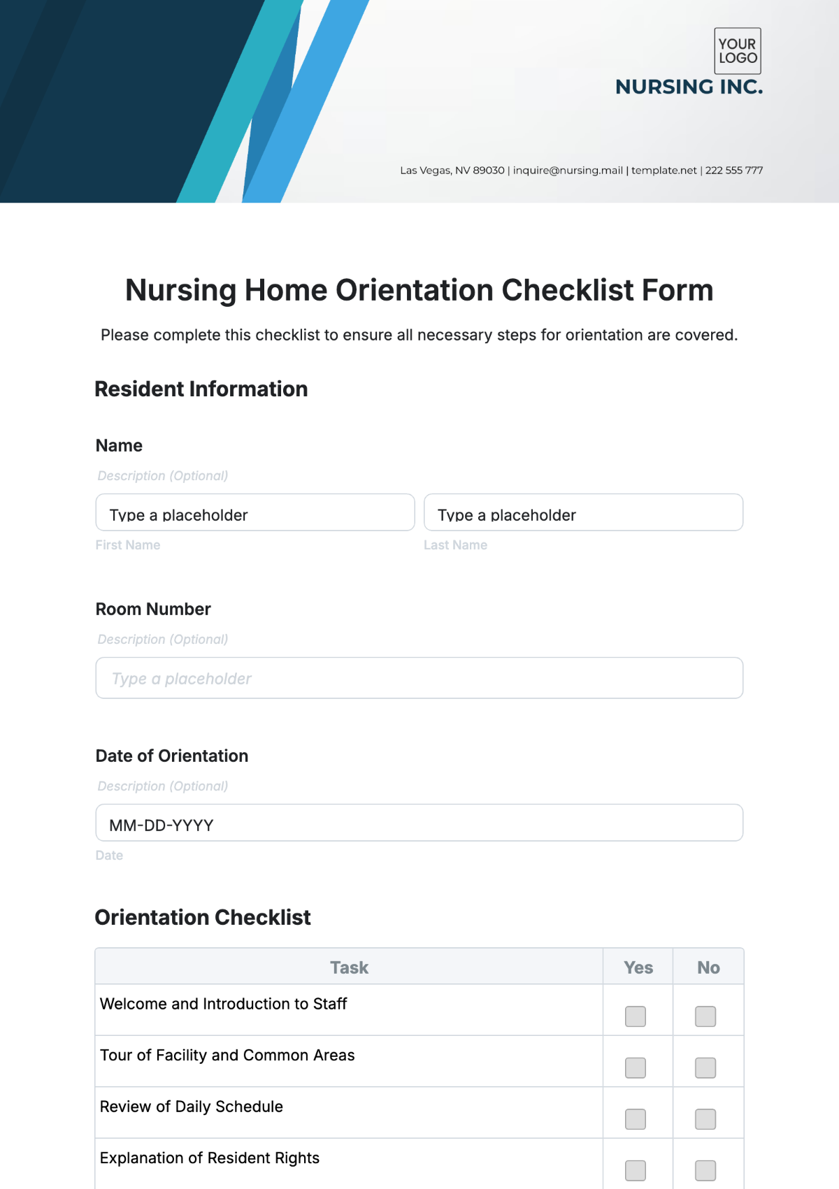 Nursing Home Orientation Checklist Form Template - Edit Online & Download