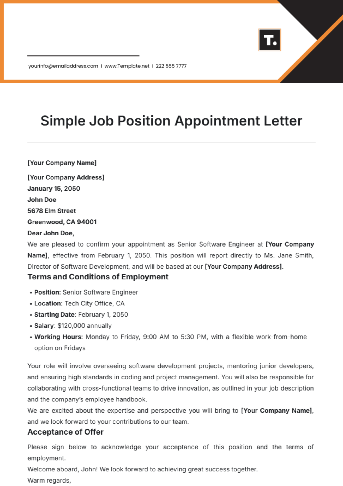 Simple Job Position Appointment Letter Template - Edit Online & Download