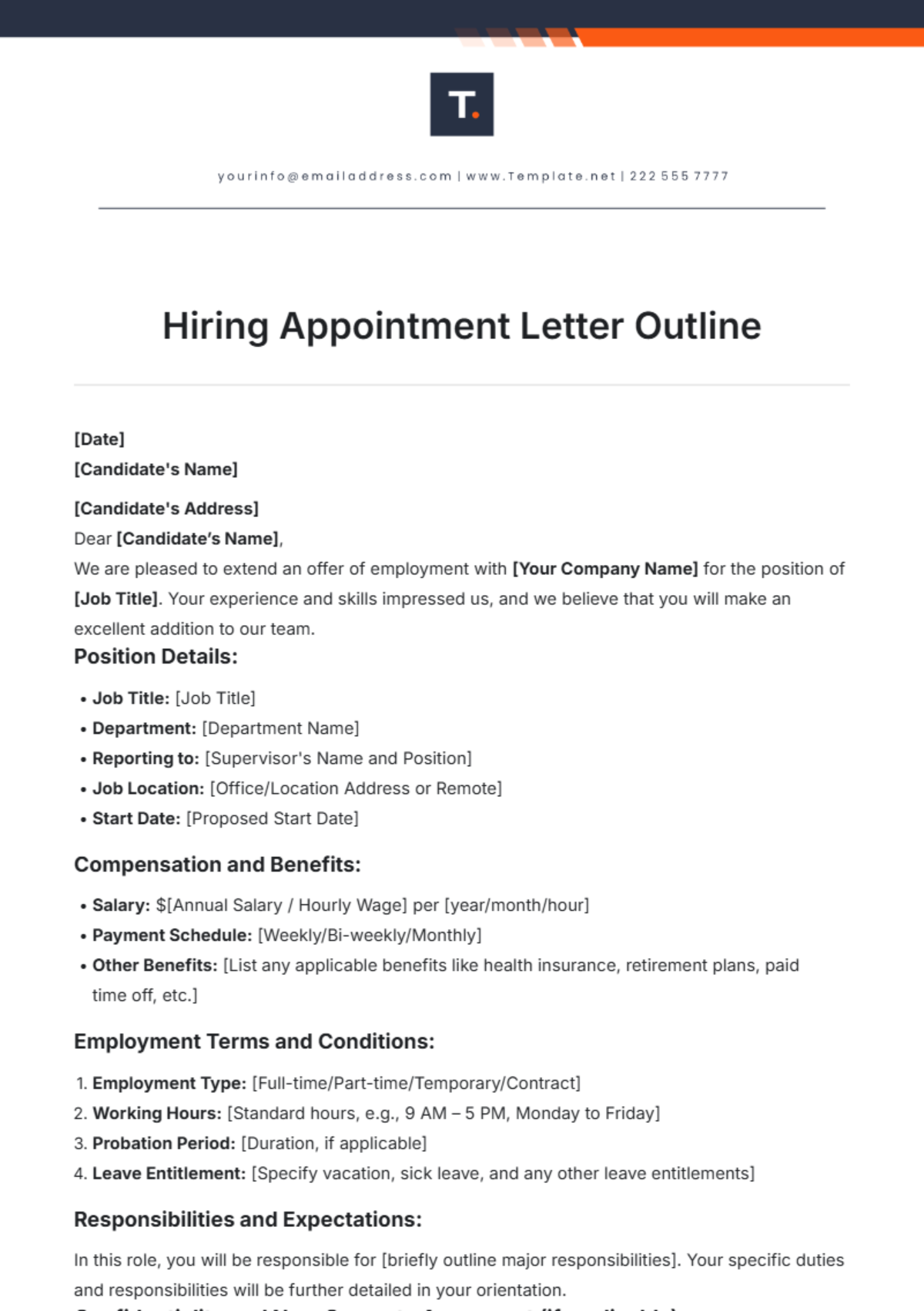 Hiring Appointment Letter Outline Template - Edit Online & Download