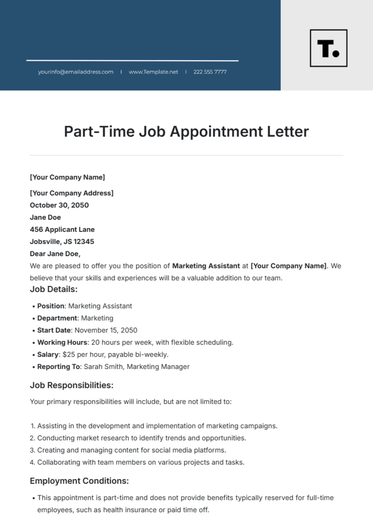 Part-Time Job Appointment Letter Template - Edit Online & Download