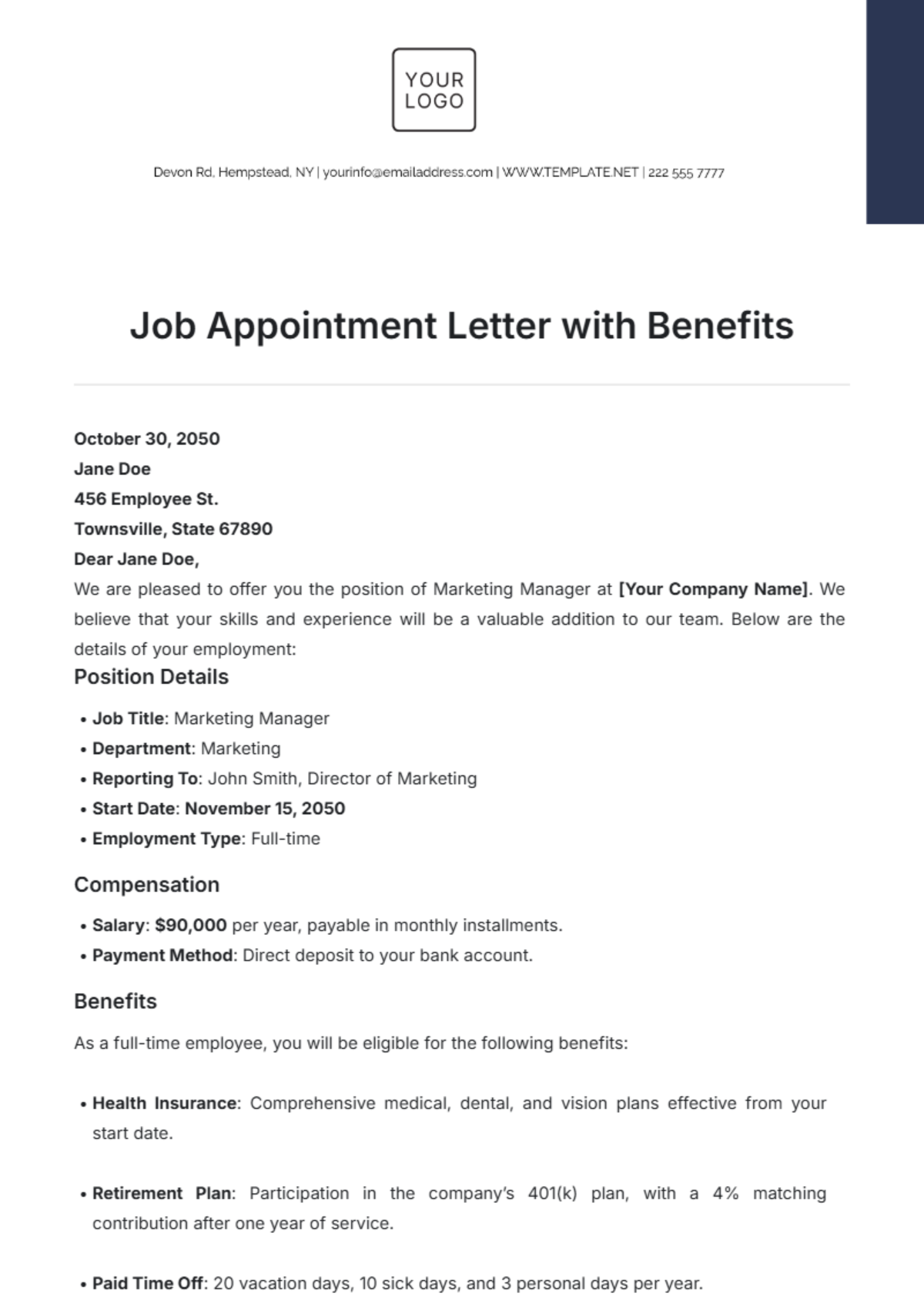 Job Appointment Letter with Benefits Template - Edit Online & Download