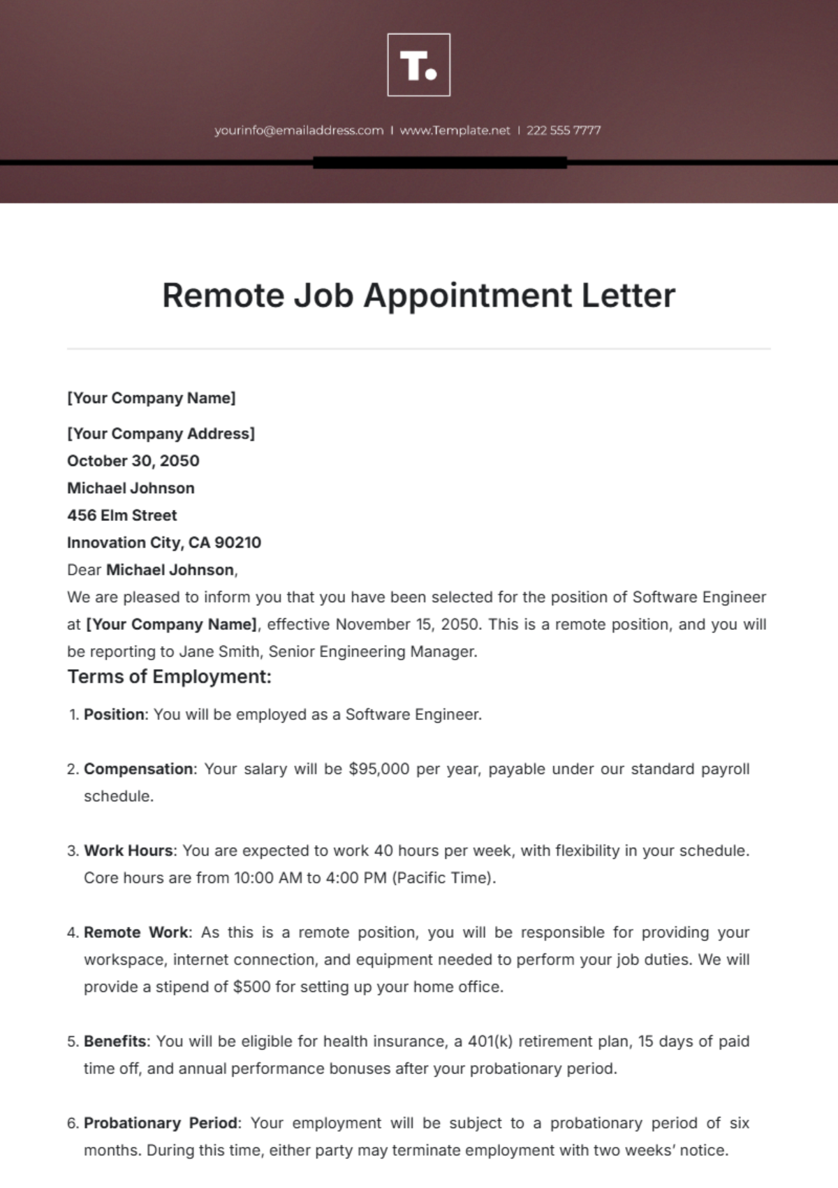 Remote Job Appointment Letter Template - Edit Online & Download