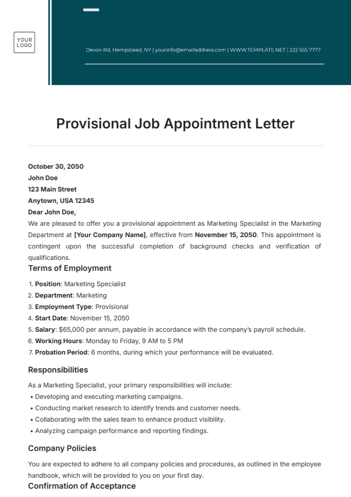 Provisional Job Appointment Letter Template - Edit Online & Download